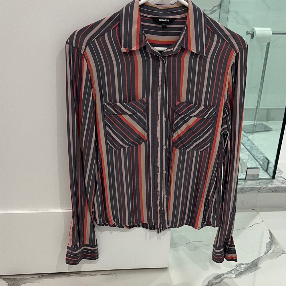 Express Men’s Striped Button-Down Shirt in Black, Red & Tan